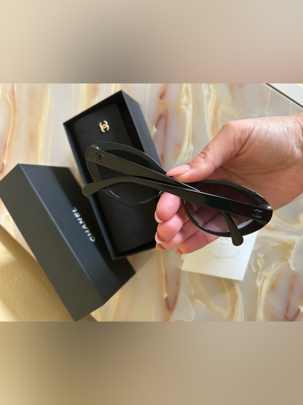 CHANEL Black Gloss Oval Sunglasses with Gold CC Temples - Picture 6 of 12